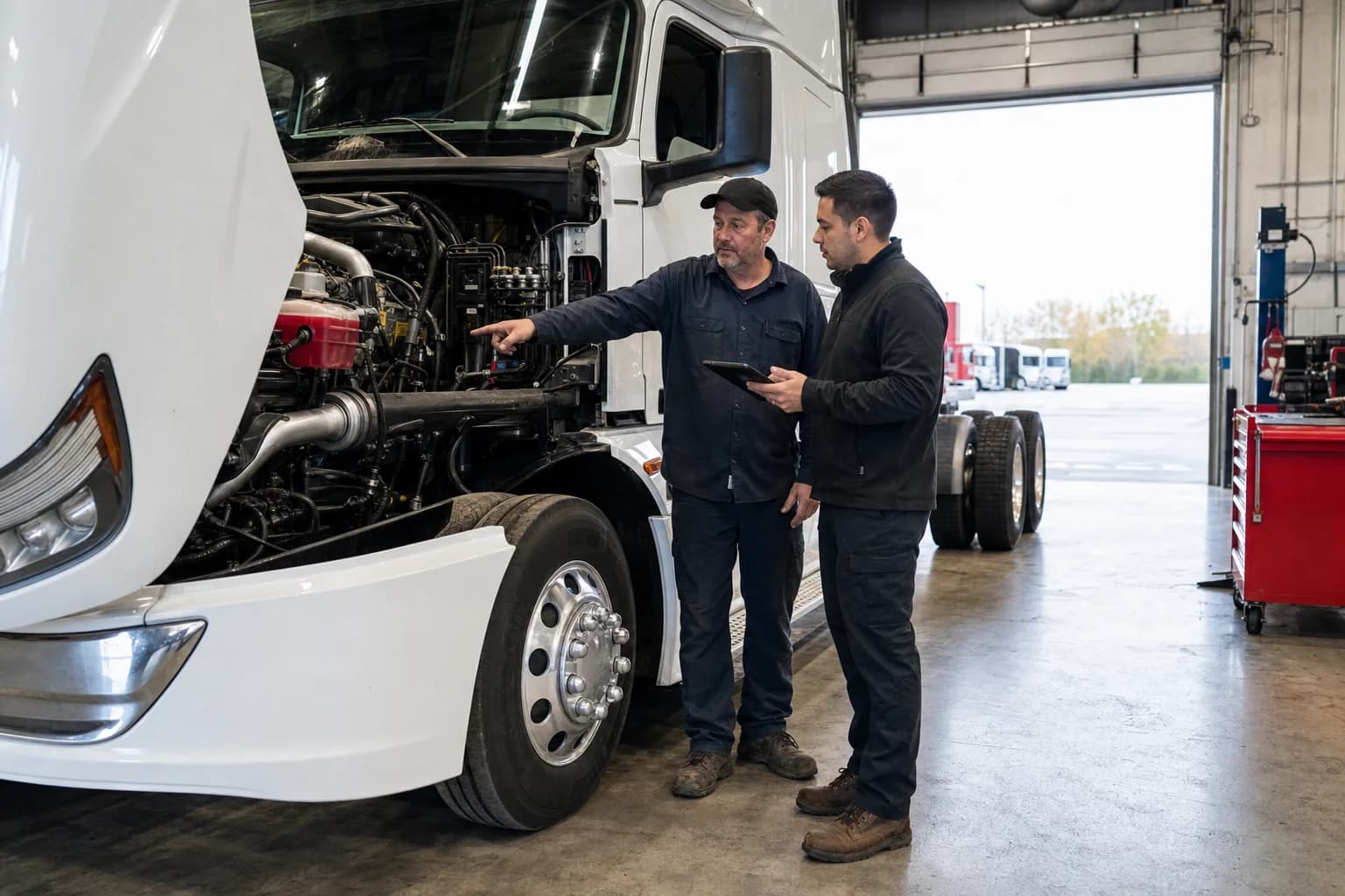 Dsl Trucking Benton technician and buyer inspecting a truck engine